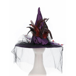 Čarodějnický klobouk s peřím a závojem fialový